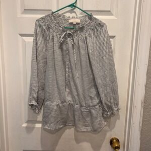 LOFT Women's Blouse Top L White Black Square Dot Tie Neck Long Sleeve Career